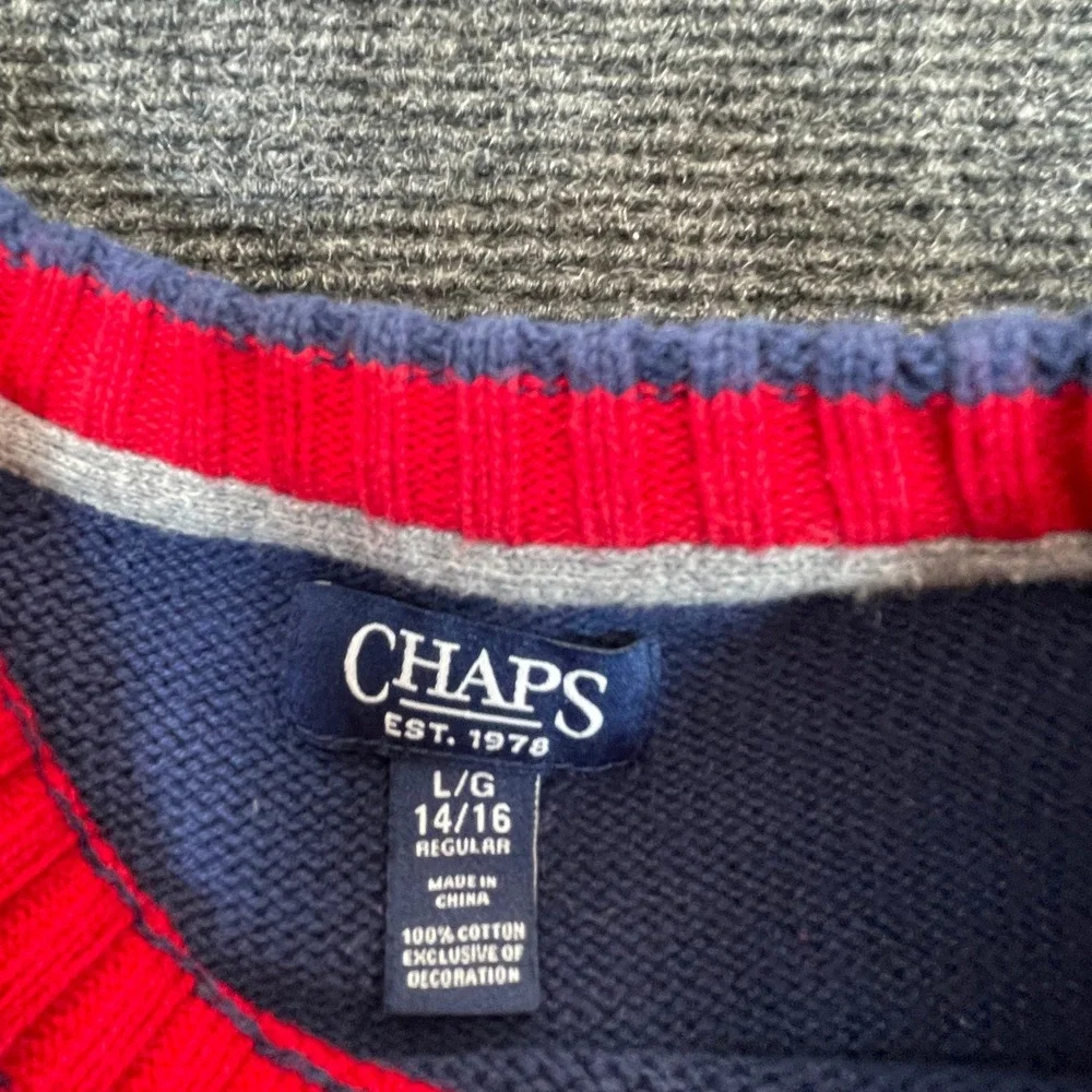 Chaps Crewneck Sweater Boys L 14/16 Blue Cotton Knit Nautical Preppy School Logo